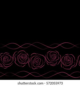 Hand drawn brush painting roses silhouette. Trendy floral background with copy space (place for your text). Vector seamless ink pattern with horizontal abstract flowers in black and pink colors.