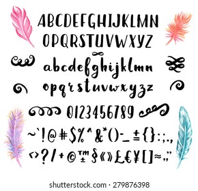 Hand drawn brush pen font for your awesome design with watercolor feathers.