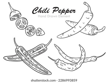 Hand drawn brush pen sketch of chili, sliced ​​chili, halved chili and dried chili. Vector illustration suitable for menu design, catalog book, restaurant, cafe and food design
