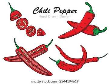 Escova desenhada à mão esboço caneta de pimenta, ​pimenta​chili fatiada, pimenta cortada pela metade e pimenta seca com cor vermelha. Ilustração vetorial adequada para design de menu, catálogo, restaurante, café e design de alimentos 