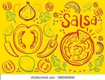 Hand drawn brush pen style vector icon ingredients for Salsa recipe. Bright, fun, tasty pattern for Mexican Italian Indian cuisine