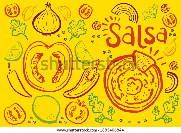 Hand drawn brush pen style vector icon ingredients for Salsa recipe. Bright, fun, tasty pattern for Mexican Italian Indian cuisine.