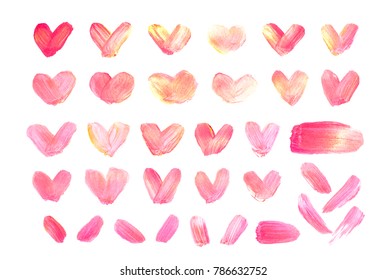 Hand drawn brush pink and gold isolated hearts on white background. Vector romantic abstract illustration for valentine's day. Set decorative sketched icon for design, greeting card, scrapbook, print