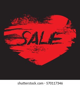 Hand drawn with brush Red Heart with text Sale on black background. Design Element. Vector Stock.