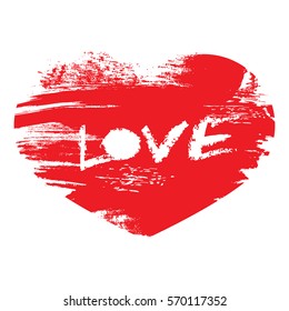 Hand drawn with brush Red Heart with text love. Design Element for Valentine's Day or Wedding. Vector Stock.