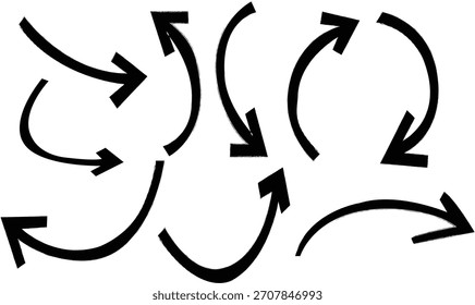 Curva de línea de flecha de boceto de pincel dibujado a mano. Conjunto de iconos de línea de Vector de flecha. Ilustración vectorial