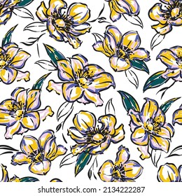 Hand drawn brush sketch Blooming floral background. Botanical seamless pattern vector illustration,Design for fashion , fabric, textile, wallpaper, cover, web , wrapping and all prints 
