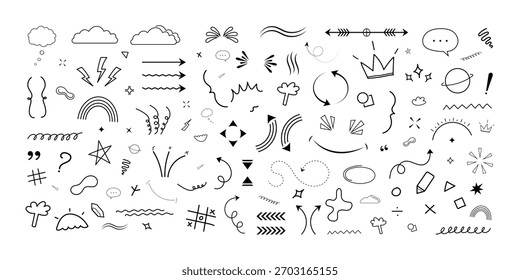 Conjunto de design de esboço de pincel desenhado à mão, modelo de coleção de elementos de rabiscar