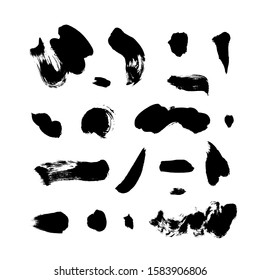 Hand drawn brush spots, dots and lines vector set. Black paint, ink brush strokes, spots, circles. Grunge smears collection isolated on white. Abstract ink dry strokes doodle textures. Freehand dots. 