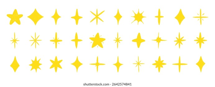 Hand drawn brush star doodle set. Crayon and chalk style twinkle, sparkle, and shining star elements. Childish sketch shapes