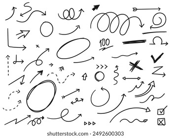 Hand drawn brush stoke, arrow, check, line vector