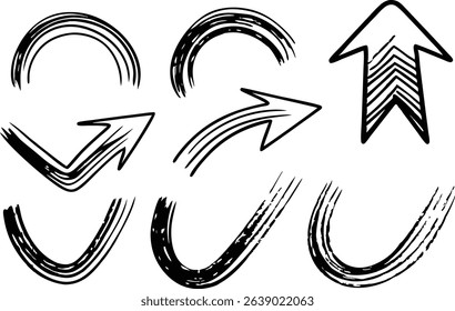 Hand drawn brush stroke arrow collection in various directions on a white background design.