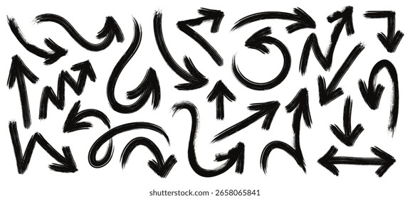 Hand drawn brush stroke arrows, curved and zigzag arrow pointers. Various shapes black ink grunge arrow signs, bold direction pointer or marker doodles, dynamic navigation design elements vector set