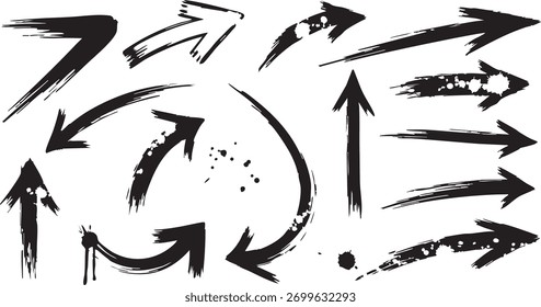 Hand drawn brush stroke arrows dynamic pointers in various directions and expressive movement style