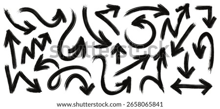 Hand drawn brush stroke arrows, curved and zigzag arrow pointers. Various shapes black ink grunge arrow signs, bold direction pointer or marker doodles, dynamic navigation design elements vector set