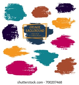 Hand drawn brush stroke backgrounds, trendy colors paint dabs isolated on white set. Fashionable design elements vector collection. Ink stains, watercolor paint texture. Glamour brushstroke splashes.