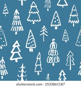 Dibujado a mano trazo de pincel patrón de árbol de Navidad. Marcador doodle en color blanco para textil o diseño de papel de embalaje. Ilustración vectorial