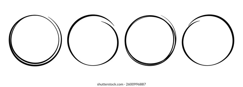 Hand drawn brush stroke circles in vector format. Circular ink sketches on a white background for logo and design elements. Vector illustration.