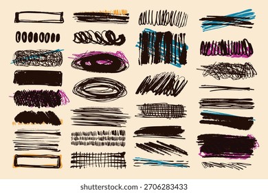 Coleção De Traçados De Pincel Desenhados À Mão. Linhas de rabisco Grunge, texturas de pincel, formas de rabiscar e elementos de tinta áspera em plano de fundo bege. Perfeito para mídia, cartazes, banners, cartões e web