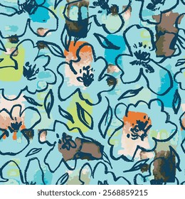 Hand drawn, brush stroke, crayons, floral, garden, leaves, colorful, endless, all over print to use textile, fabric, clothing, backdrop, wallpaper, blanket, home textile, clothing, fashion