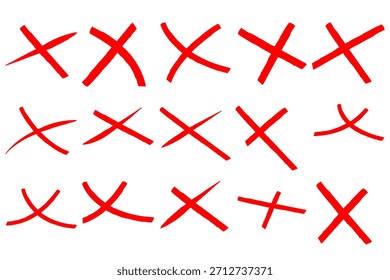 Hand drawn brush stroke cross mark. Hand drawn Doodle brush cross, ban, refusal. Marker sketch. Strikethrough text and important objects. Stock vector illustration isolated on white background.