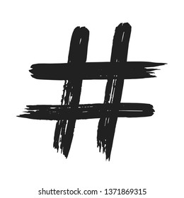 Hand drawn brush stroke dirty art hashtag symbol icon sign isolated on white background. Black and white composition of the symbol hashtag #