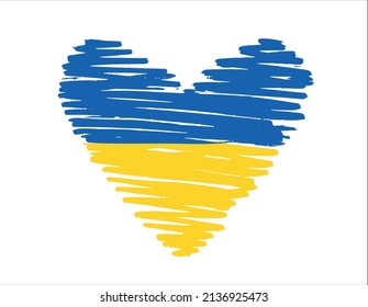 Rastreo de pincel dibujado a mano Bandera del corazón de Ucrania. Los colores azul y amarillo. Símbolo de guerra de Ucrania. Ilustración del vector aislada en un fondo blanco