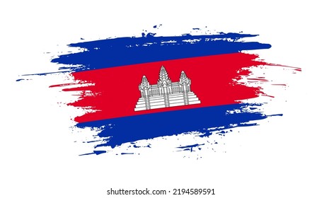 Hand drawn brush stroke flag of Cambodia. Creative national day hand painted brush illustration on white background