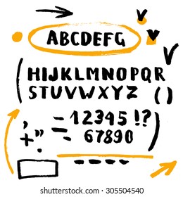 Hand drawn brush stroke font set includes capitals letters, numbers, exclamation and question marks and underscore, orange and black