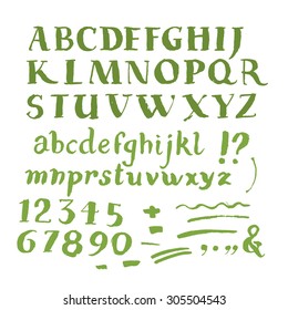 Hand drawn brush stroke font set includes uppercase and lowercase letters, numbers, exclamation and question marks and underscores