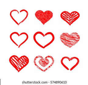 Hand drawn, brush stroke and grunge style hearts. Vector graphic design element.