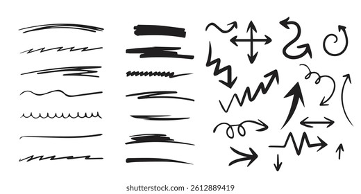 Hand Drawn Brush Stroke Lines and Arrows Vector Element Set. Sketchy Underlines, Swirls, Zigzags, and Directional Arrows. Vector Illustration