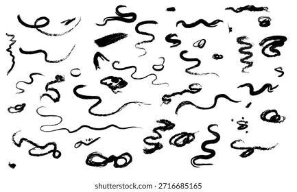 Linhas de traçado de pincel desenhadas à mão e coleção de rabiscos, swashes de tinta abstratos, marcas de caligrafia grunge e rabiscos artísticos para design e branding