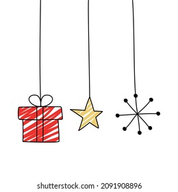 Hand drawn, brush stroke new year decorations vector. Concept of hanging Christmas ornaments icon.