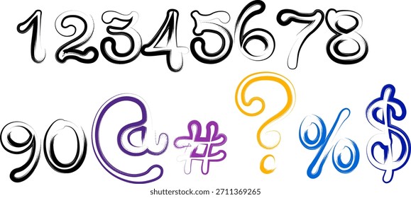 Hand Drawn Brush Stroke Numbers and Symbols Isolated on White Background