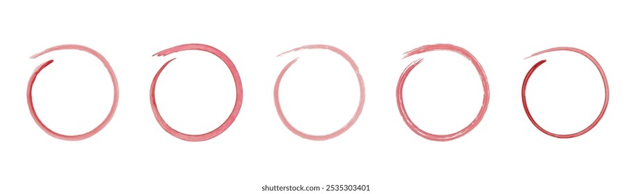 Hand drawn brush stroke red circles. Isolated watercolor textured design elements. Vector illustration, white background