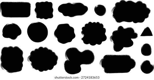 Handgezeichnete Pinselstrichformen und Tintenkleckse. Vektorgrafik-Set aus schwarzen Farbschmutzsilhouetten und organisch strukturierten Rahmen