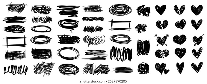 Hand drawn brush stroke swirl doodle sketch monochrome heart, frame, speech bubbles illustration collection in grunge graffiti style.