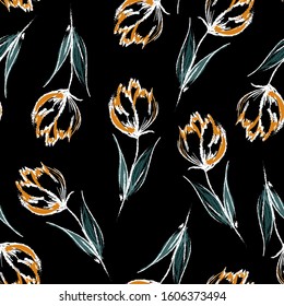 Hand drawn brush stroke tulip flowers seamless pattern in vector EPS 10 ,Design for fashion fabric,web,wallapper,wrapping and all prints on black