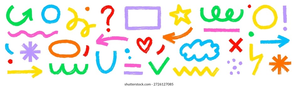 Hand drawn brush strokes abstract shapes arrow, asterisk, line element set. Grunge markers stroke arrows, organic curves. Geometric line circle, wave, star shapes. Vector illustration