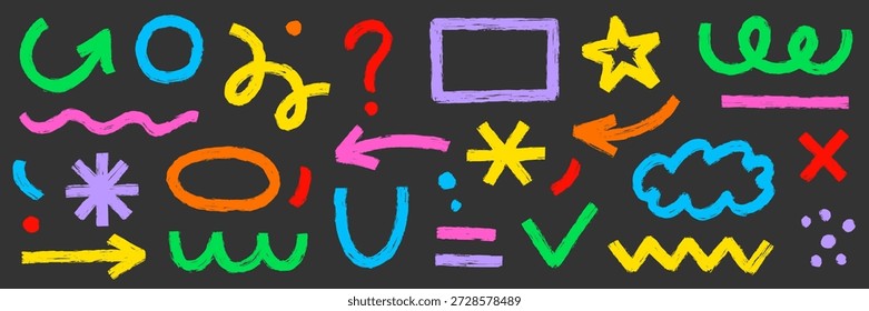 Hand drawn brush strokes abstract shapes arrow, asterisk, line element set. Grunge markers stroke arrows, organic curves. Geometric line circle, wave, star shapes. Vector illustration