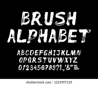 Hand Drawn Brush Strokes Alphabet, ABC. Statement Font With Grunge, Artistic, Energetic, Rustic Feel. Set Of Bold Latin Uppercase Characters, Punctuations, Numerals. Vector Isolated Illustration.