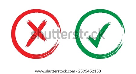 Hand drawn brush strokes cross x and tick OK check marks vector illustration isolated on white background. Green checkmark OK and red X icons. Circle symbols YES and NO button.