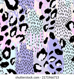 Hand drawn brush strokes doodles animal print seamless pattern. Abstract paint stroke, dots, leopard spots, stains, smear with minimal texture background. Minimal wallpaper, textile design. Vector art