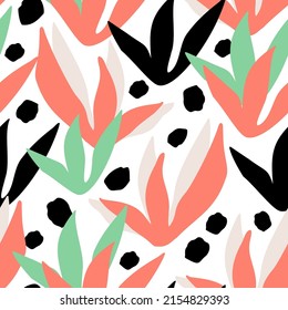 Hand drawn brush strokes, floral cut outs seamless pattern. Abstract hand painted dots, dashes, lines texture, flower shapes background. Minimal wallpaper design, fabric, textile print. Vector art