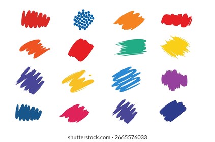 Hand Drawn Brush Strokes and Ink Splashes Vector Collection. Colorful Artistic Paint Marks, Abstract Shapes, Editable Design Elements for Digital Art and Craft