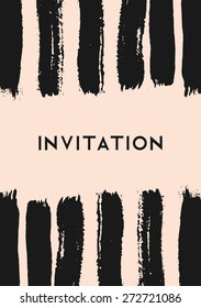 Hand Drawn Brush Strokes Invitation Design. Vertical Paint Stripes In Black On Blush Pink Background. Modern And Elegant Wedding Invitation/ Birthday Card Template.