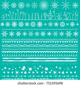Hand drawn brush strokes, lines collection. Seasonal christmas ornaments. Xmas flat icons and symbols. Decorative design elements. Snowflakes, dividers, patterns set. 