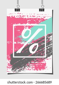 Hand drawn brush strokes poster design. Pastel green, pink and gray color palette. Modern poster design mock-up with paper clips.