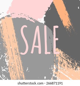 Hand drawn brush strokes sale poster design. Pastel pink and orange, light and dark gray color palette.